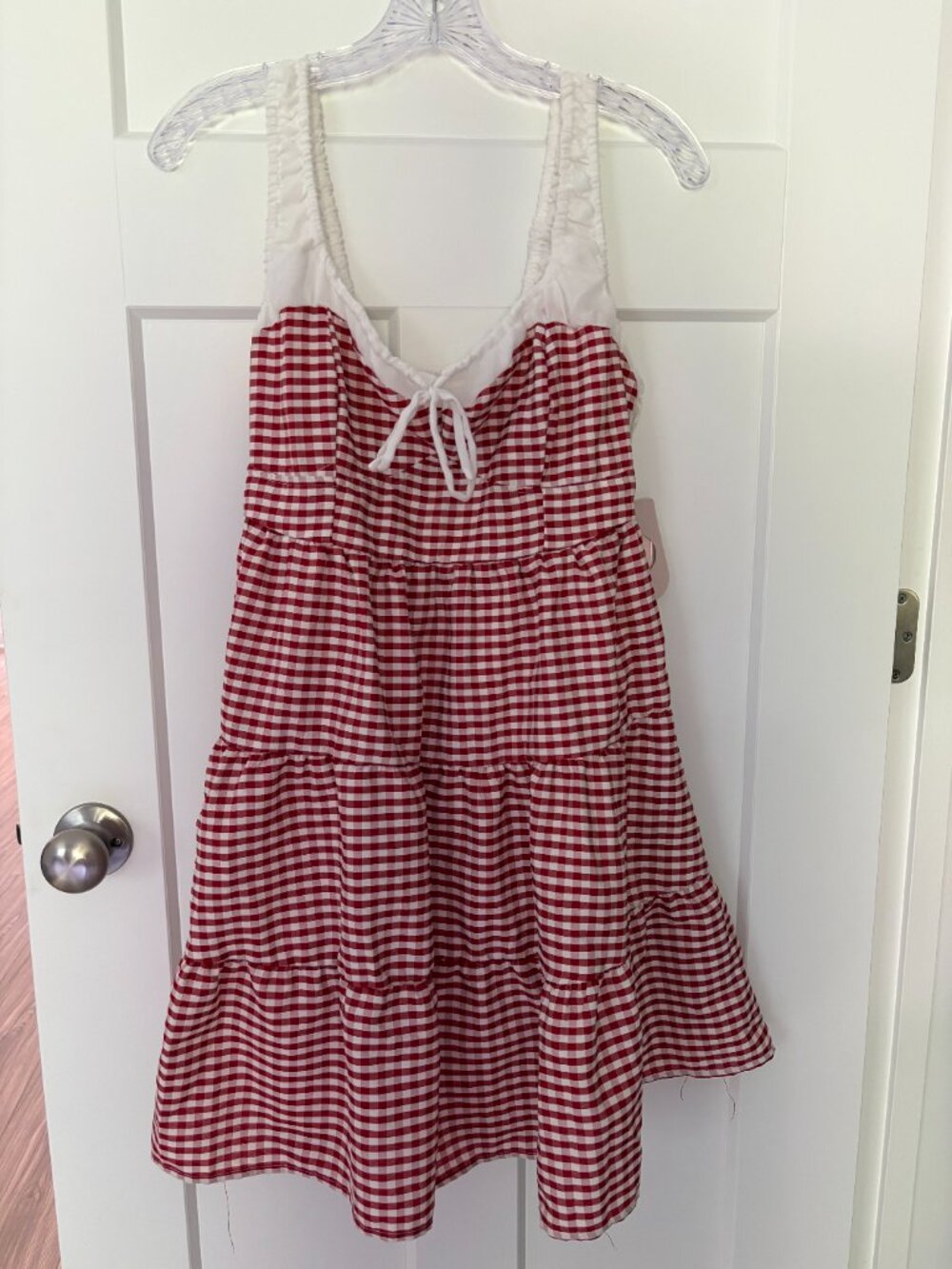 Red Gingham Tiered Sundress Cottagecore Picnic Smocked Milkmaid Dress L NWT
